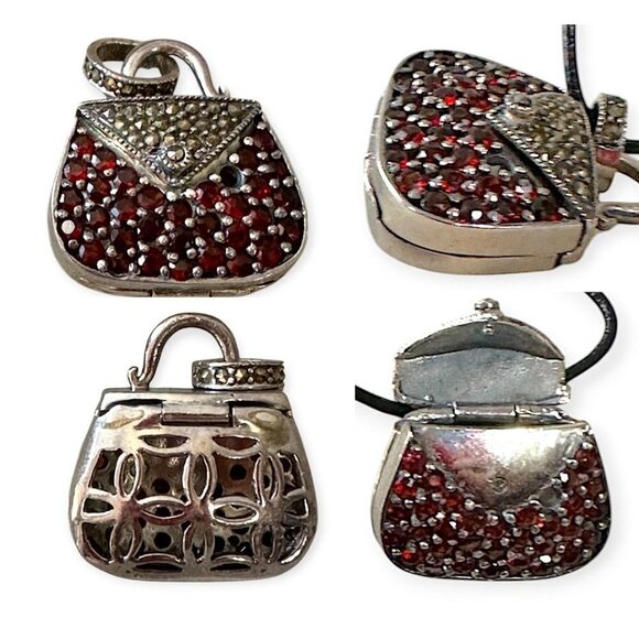 Vintage Sterling‎ Silver Red Crystal Purse Locket Pendant - Picture 10 of 10